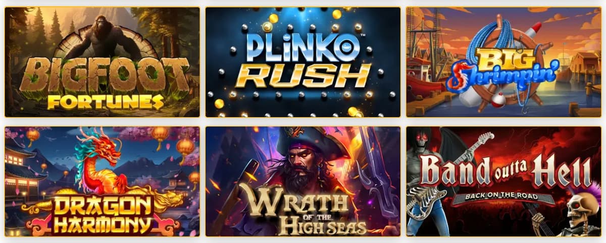 Selection of Aussie Play pokies including Bigfoot Fortunes, Plinko Rush, Dragon Harmony and Wrath of High Seas