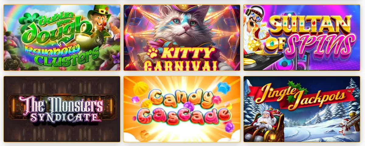 More Aussie Play pokies — Lucky Leprechaun, Kitty Carnival, Sultan of Spins, Monsters Syndicate, Candy Cascade and Jingle Jackpots
