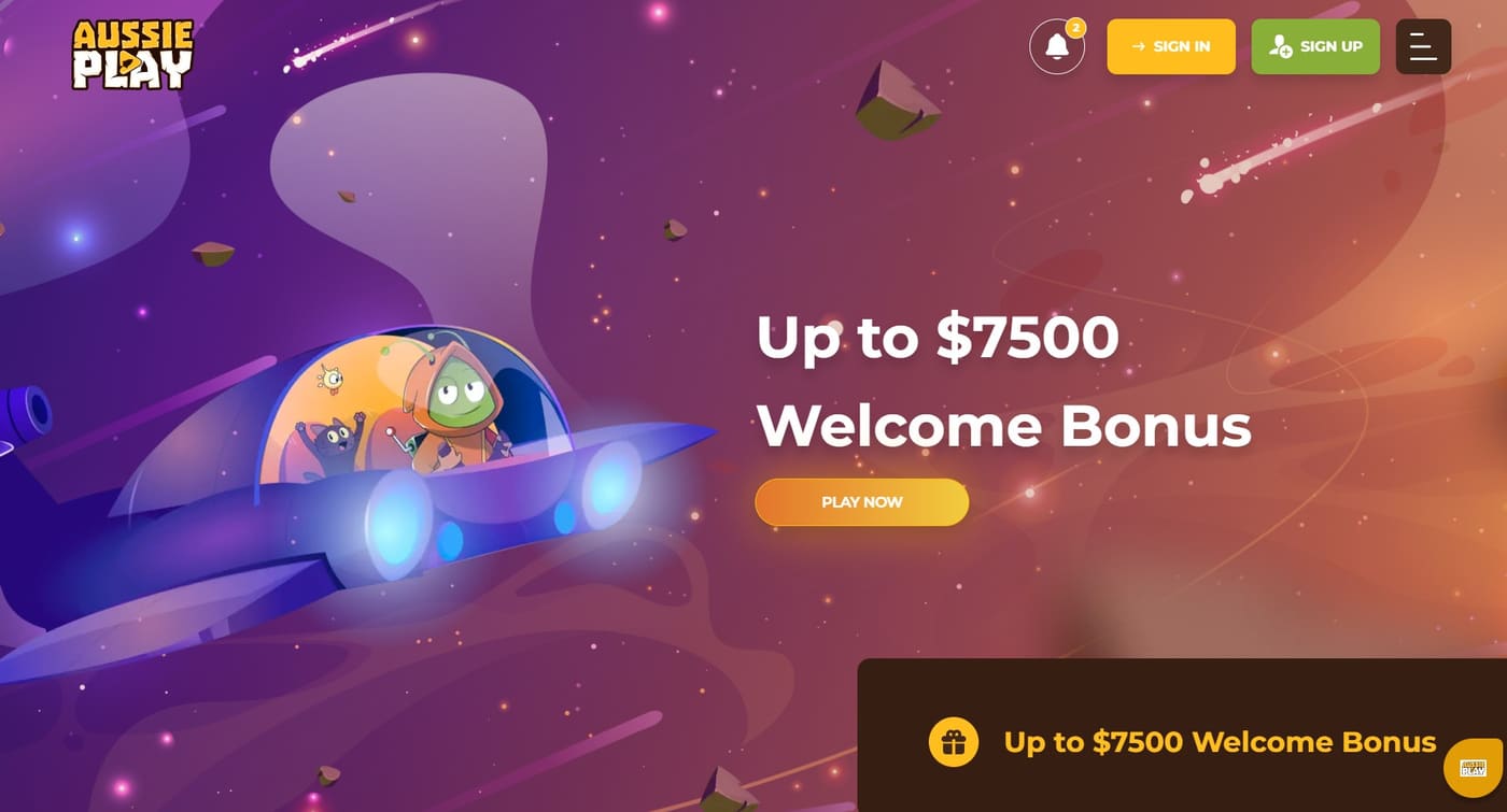 Aussie Play Casino homepage with $7,500 welcome bonus banner and pokies promo